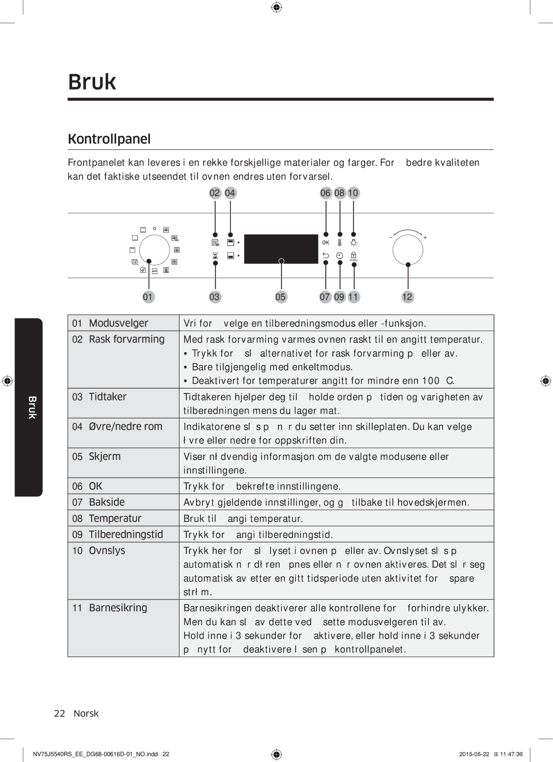 Samsung NV75J5540RS/EE manual Bruk, Kontrollpanel 