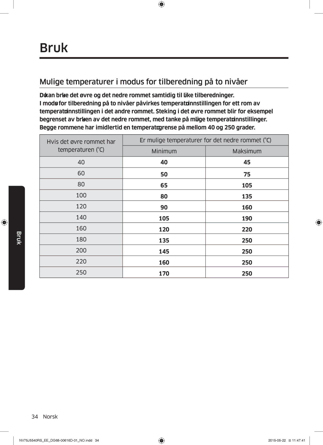 Samsung NV75J5540RS/EE manual Mulige temperaturer i modus for tilberedning på to nivåer 