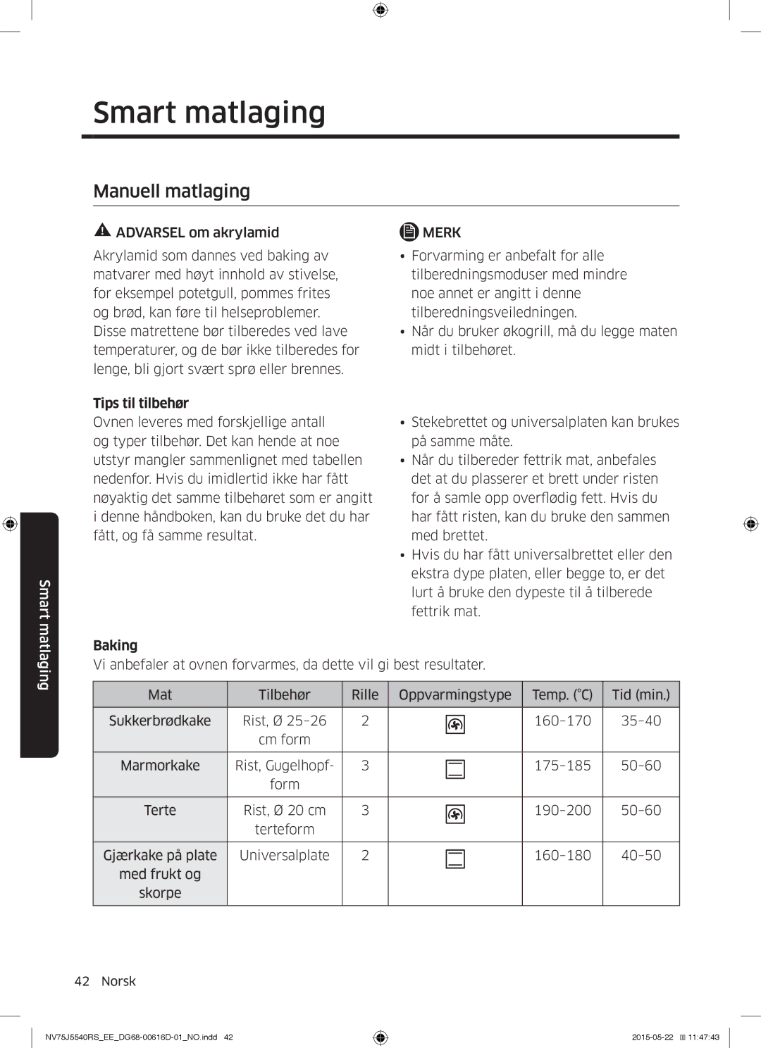 Samsung NV75J5540RS/EE manual Smart matlaging, Manuell matlaging, Tips til tilbehør, Baking 