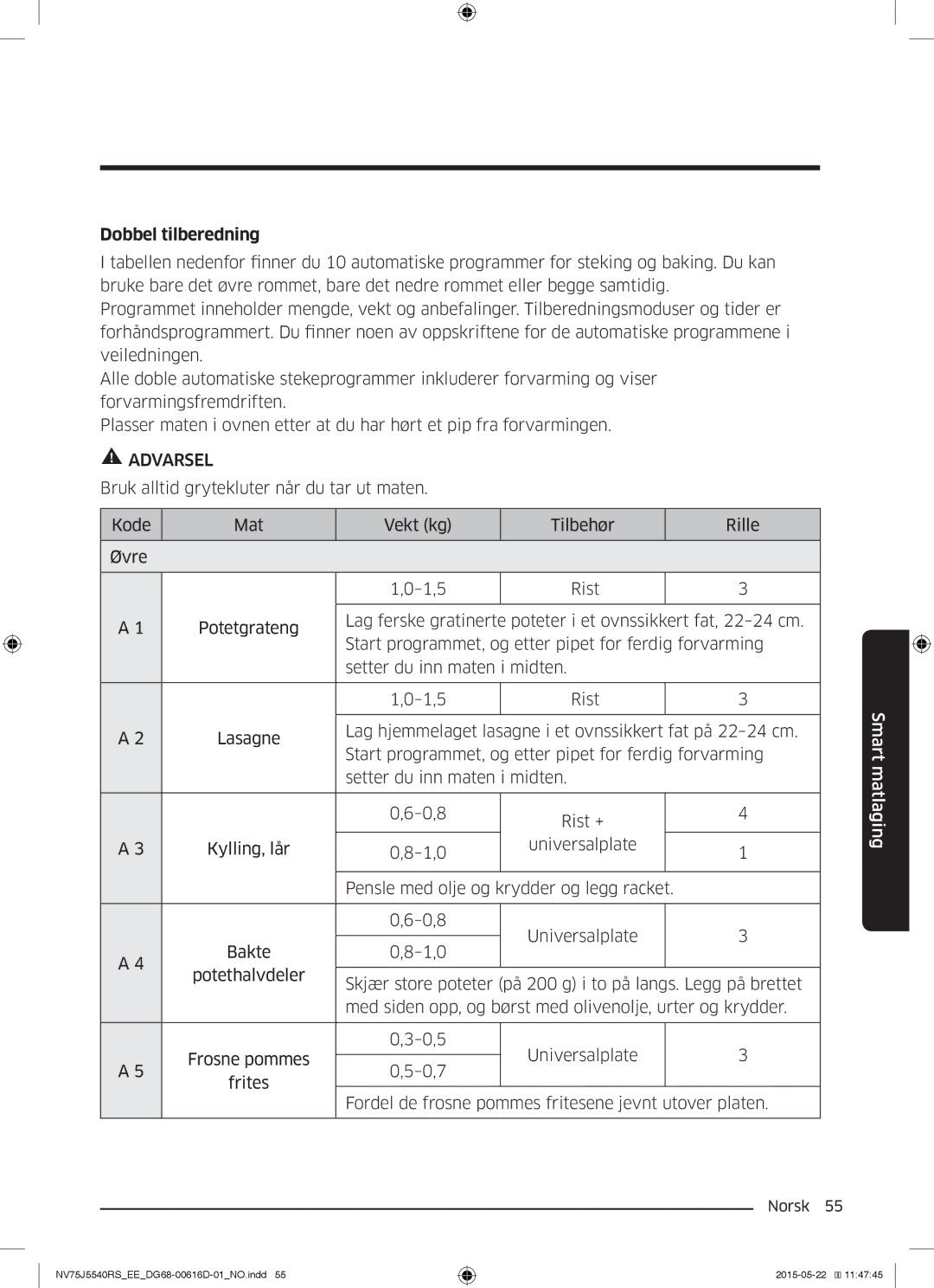 Samsung NV75J5540RS/EE manual Dobbel tilberedning 