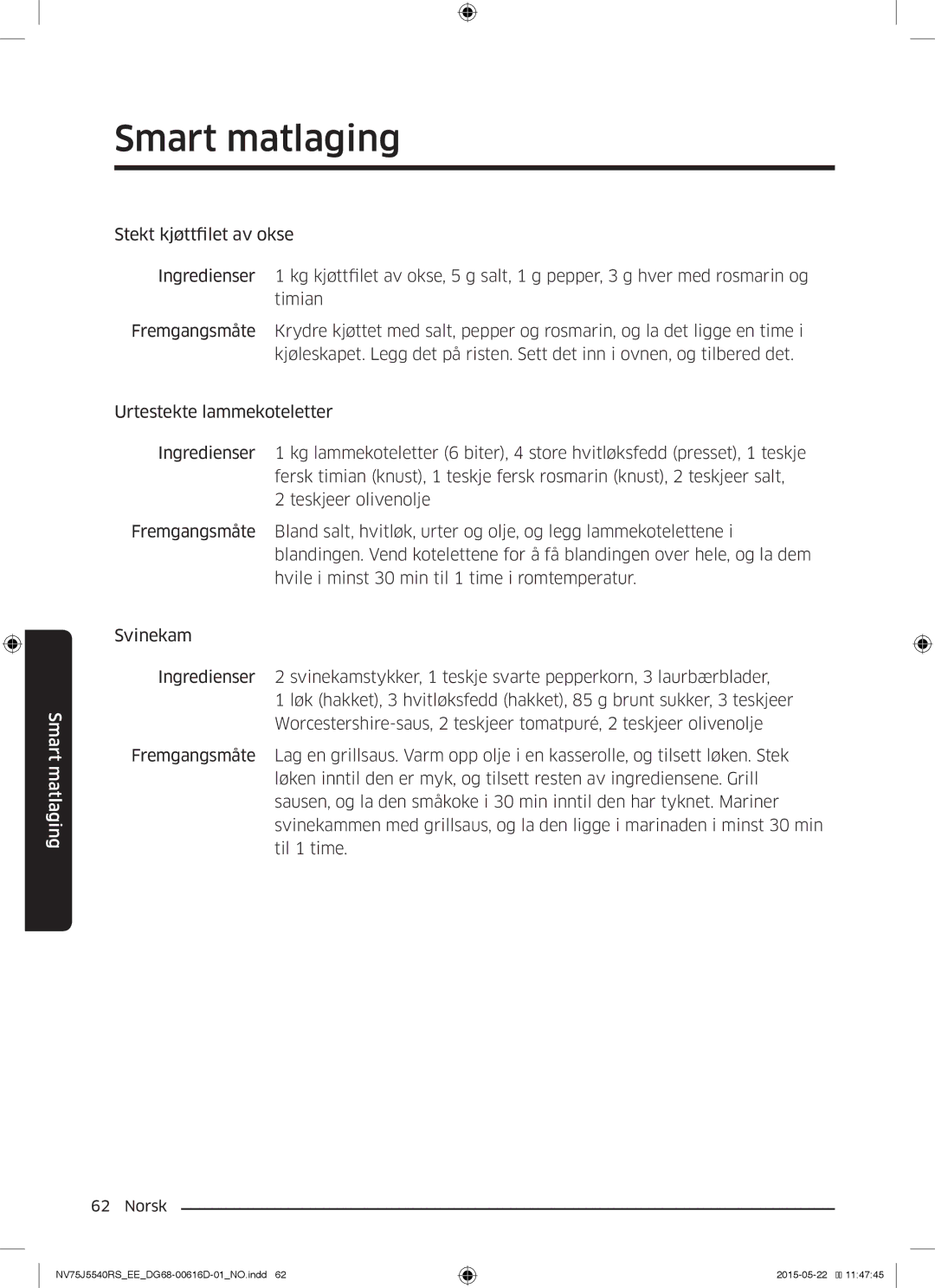 Samsung NV75J5540RS/EE manual Smart matlaging 