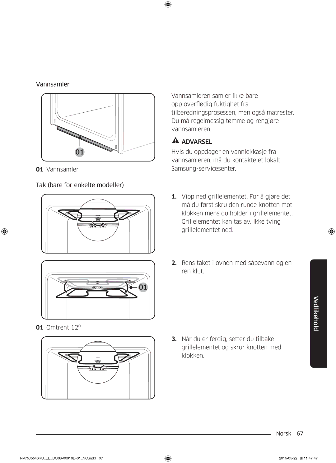 Samsung NV75J5540RS/EE manual Vedlikehold 