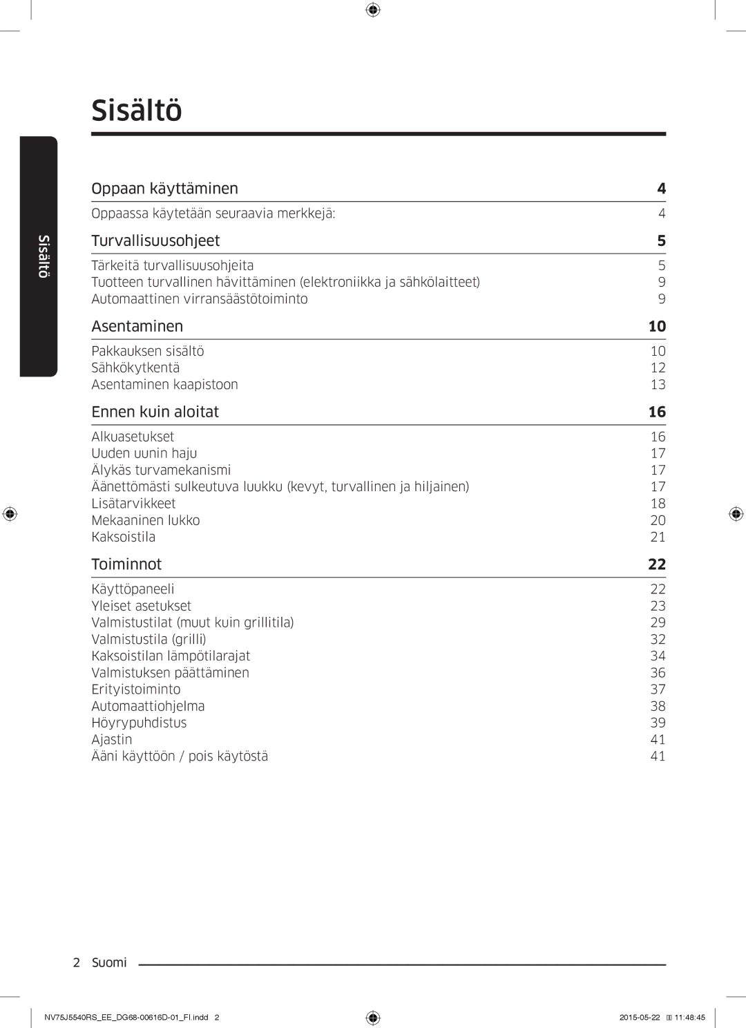 Samsung NV75J5540RS/EE manual Sisältö, Turvallisuusohjeet 