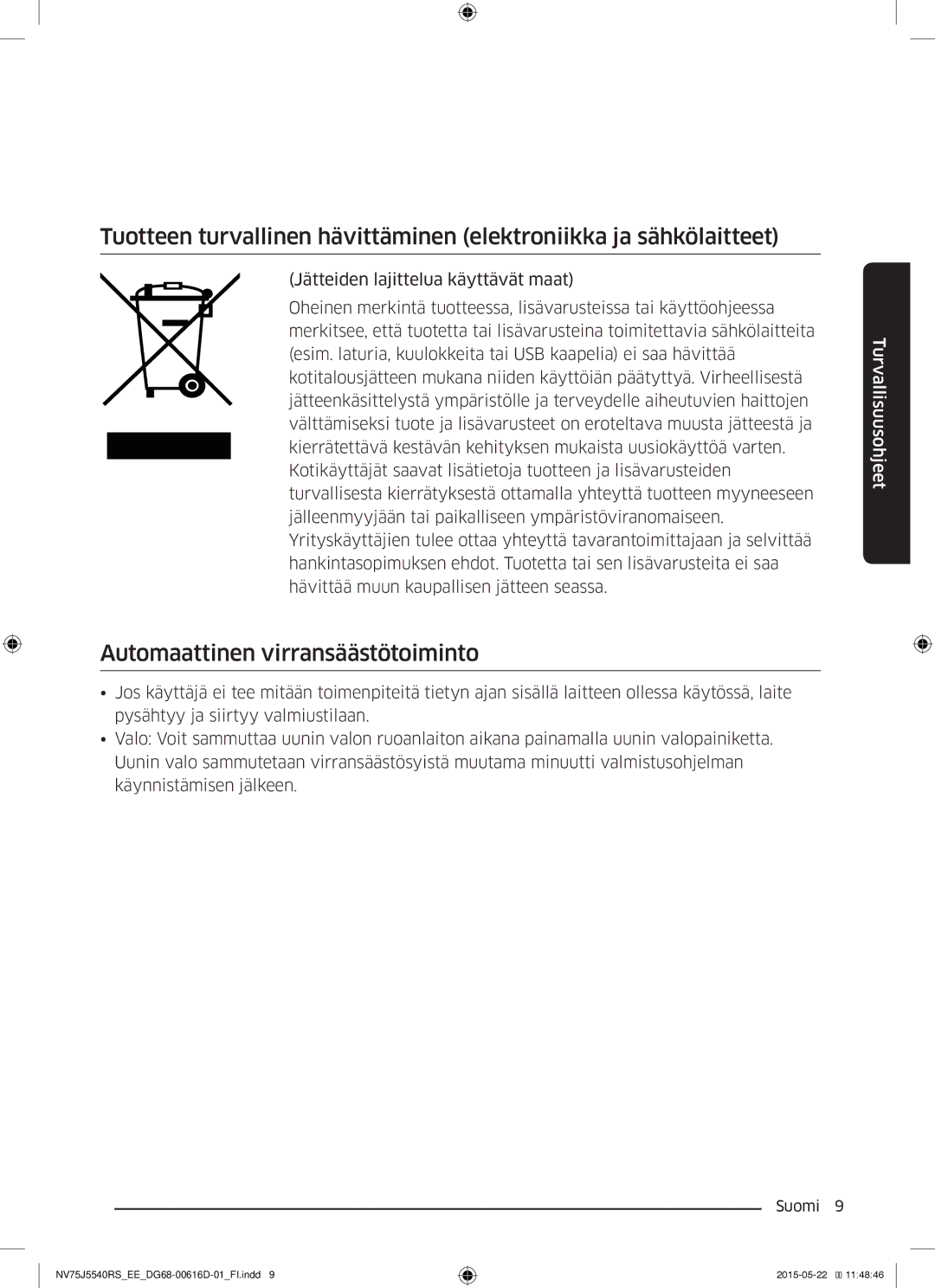 Samsung NV75J5540RS/EE manual Automaattinen virransäästötoiminto 