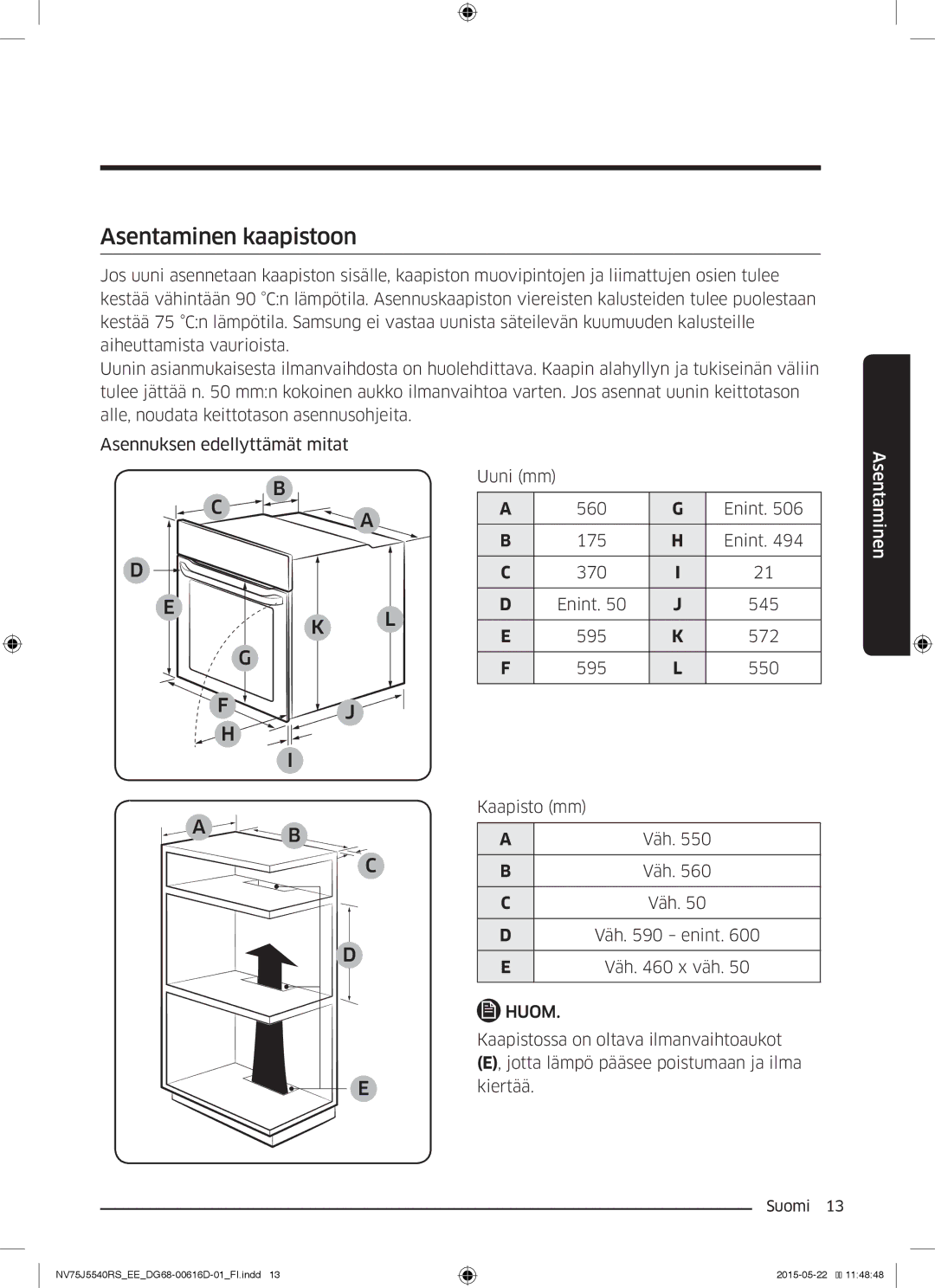 Samsung NV75J5540RS/EE manual Asentaminen kaapistoon 