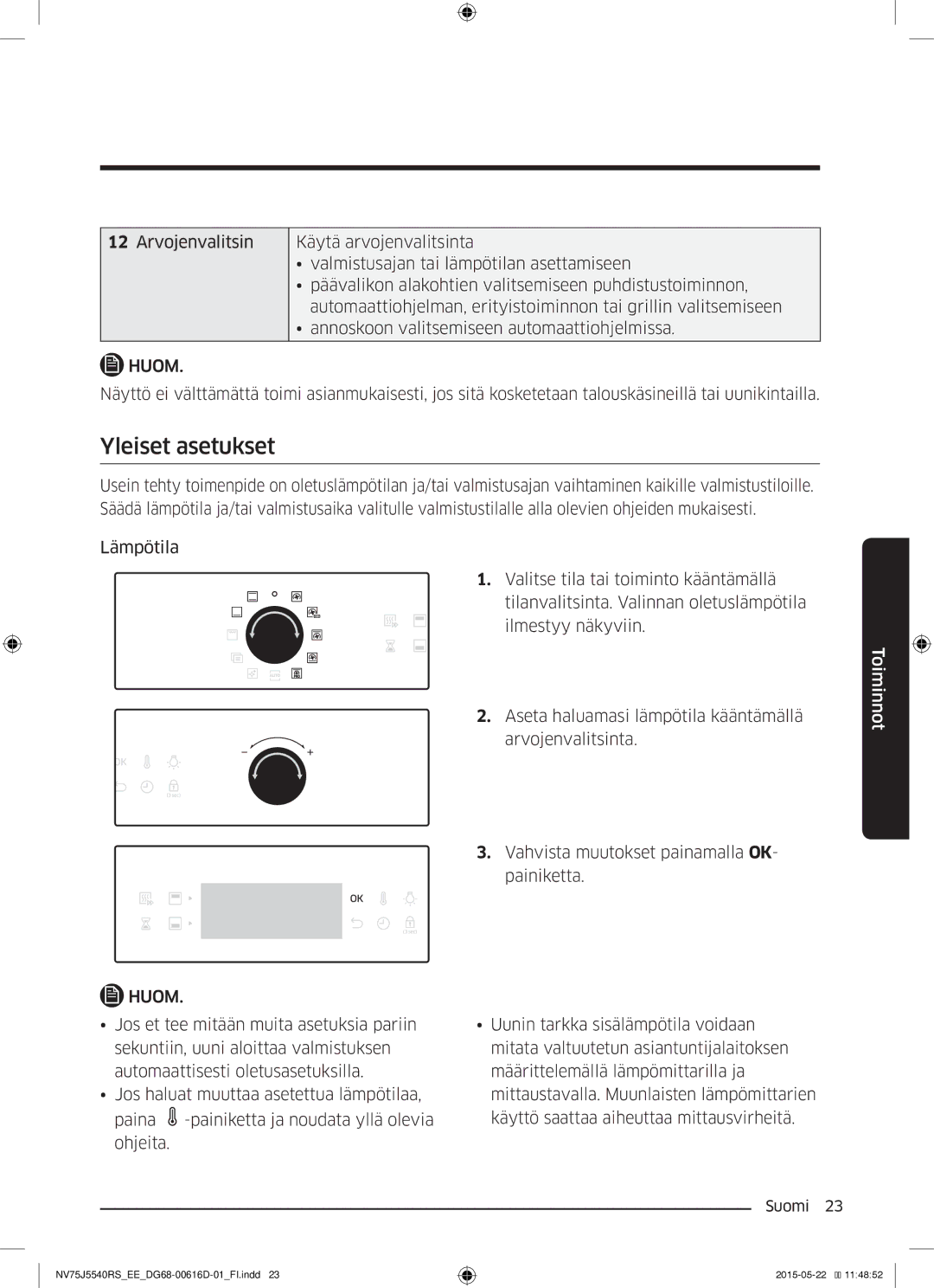 Samsung NV75J5540RS/EE manual Yleiset asetukset 