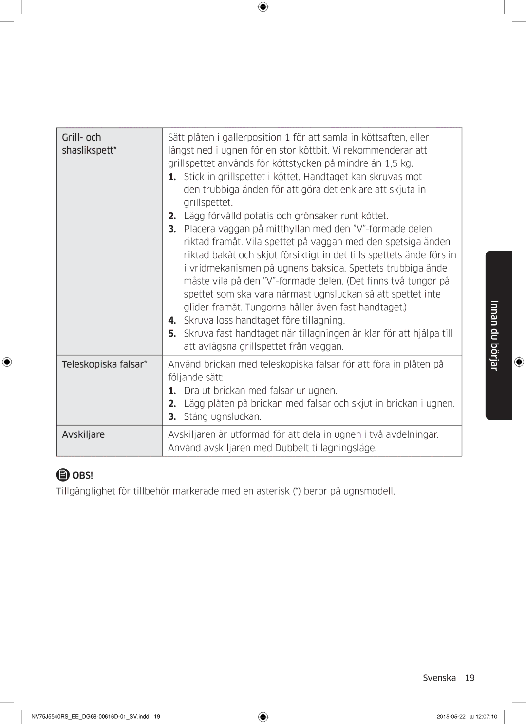 Samsung NV75J5540RS/EE manual Innan du börjar 