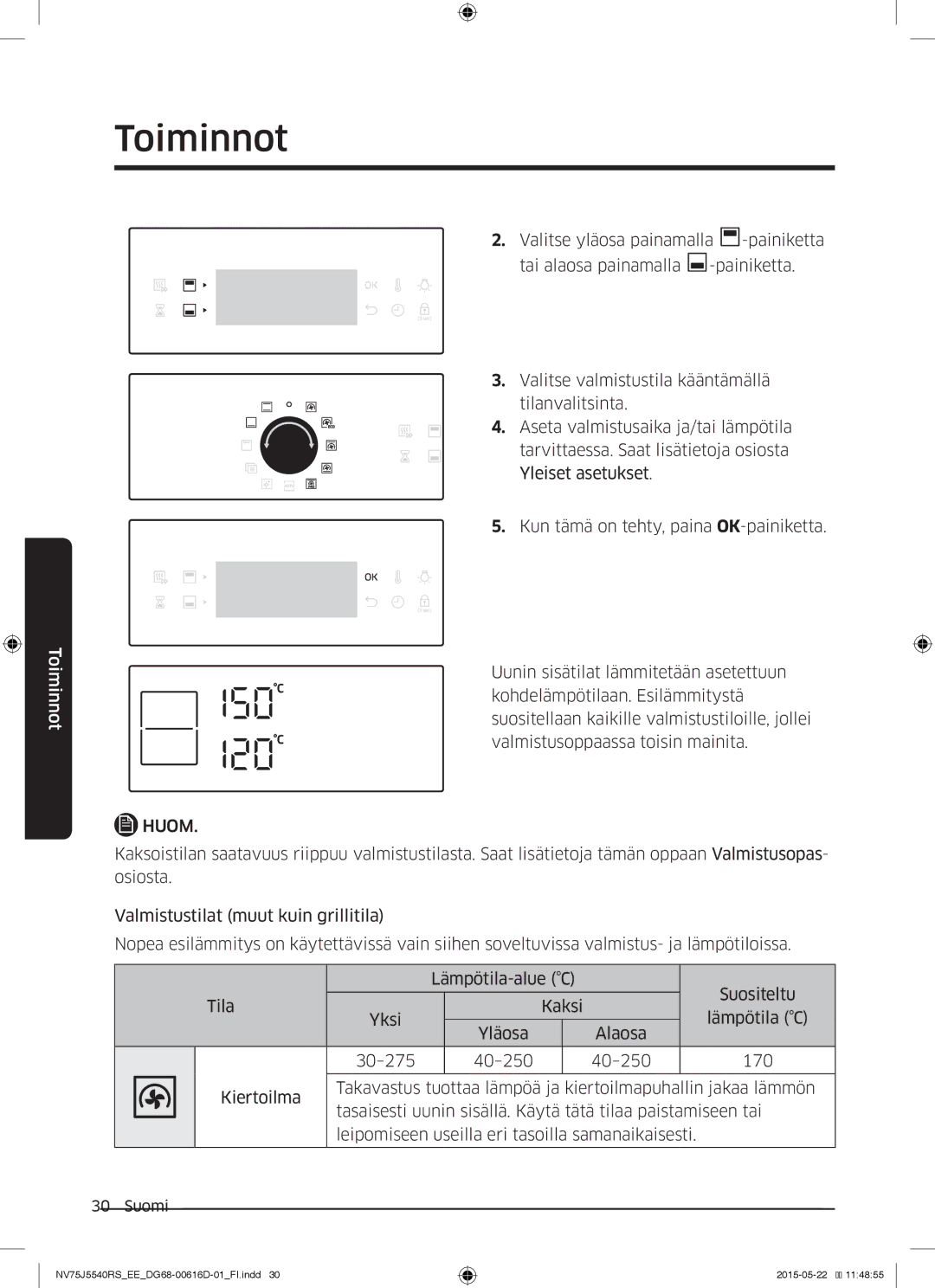 Samsung NV75J5540RS/EE manual Toiminnot 