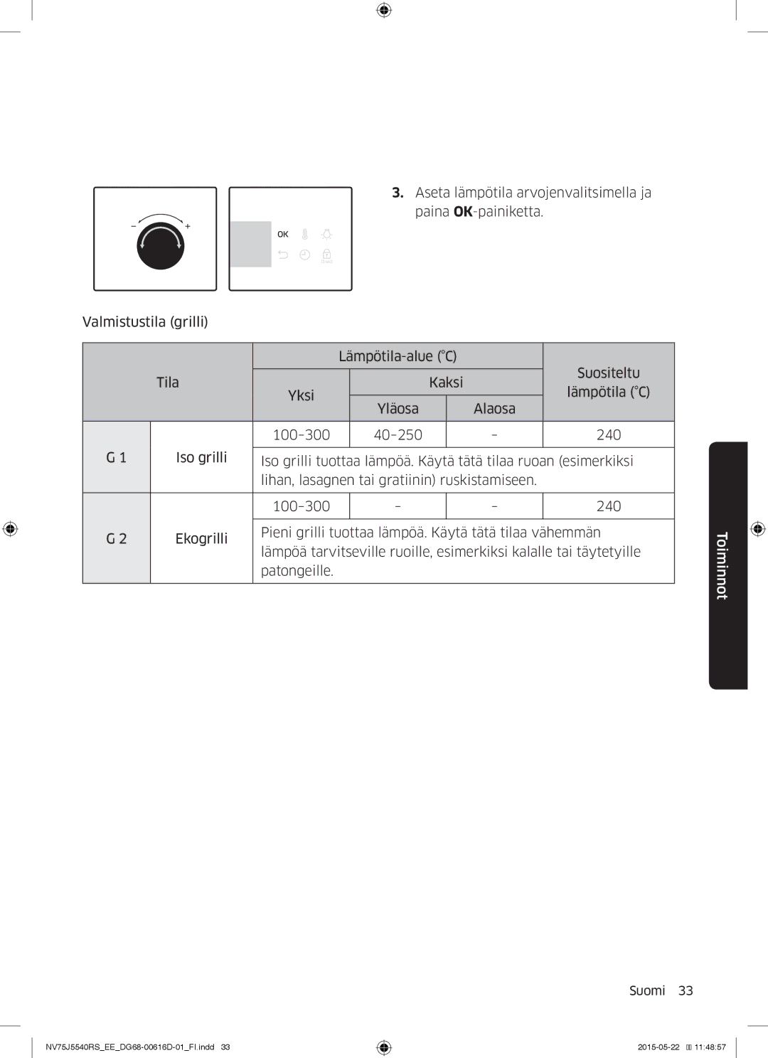 Samsung NV75J5540RS/EE manual Toiminnot 