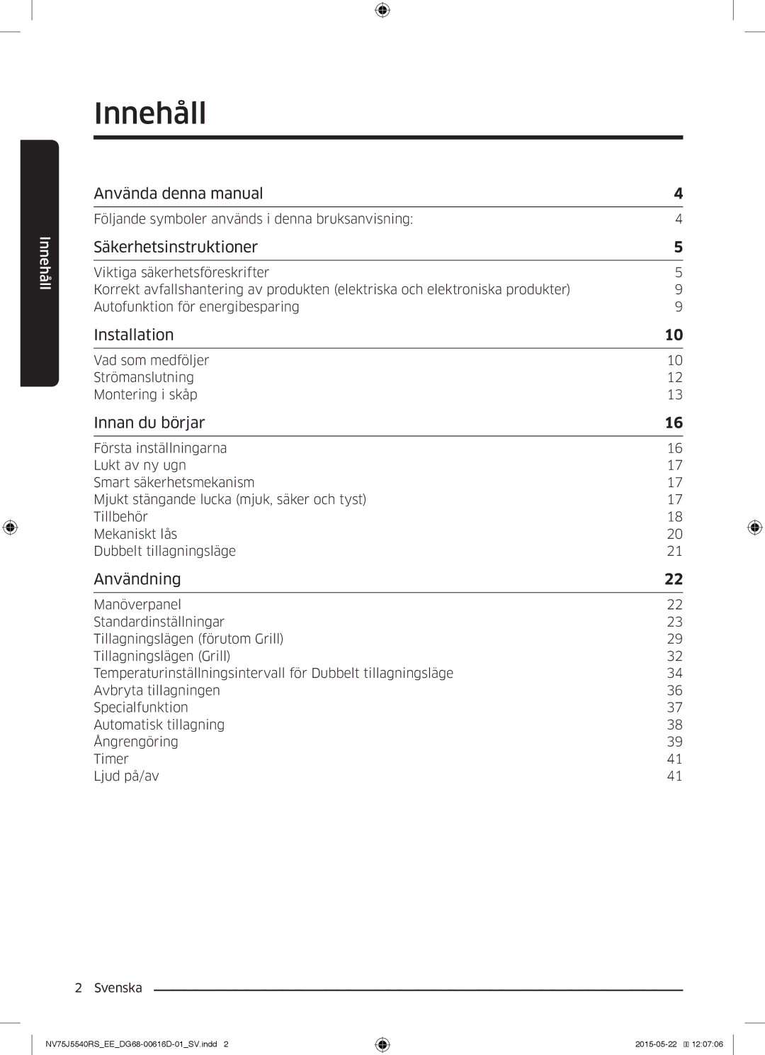 Samsung NV75J5540RS/EE manual Innehåll, Säkerhetsinstruktioner 