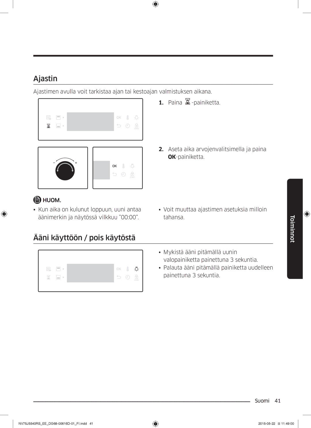 Samsung NV75J5540RS/EE manual Ajastin, Ääni käyttöön / pois käytöstä 