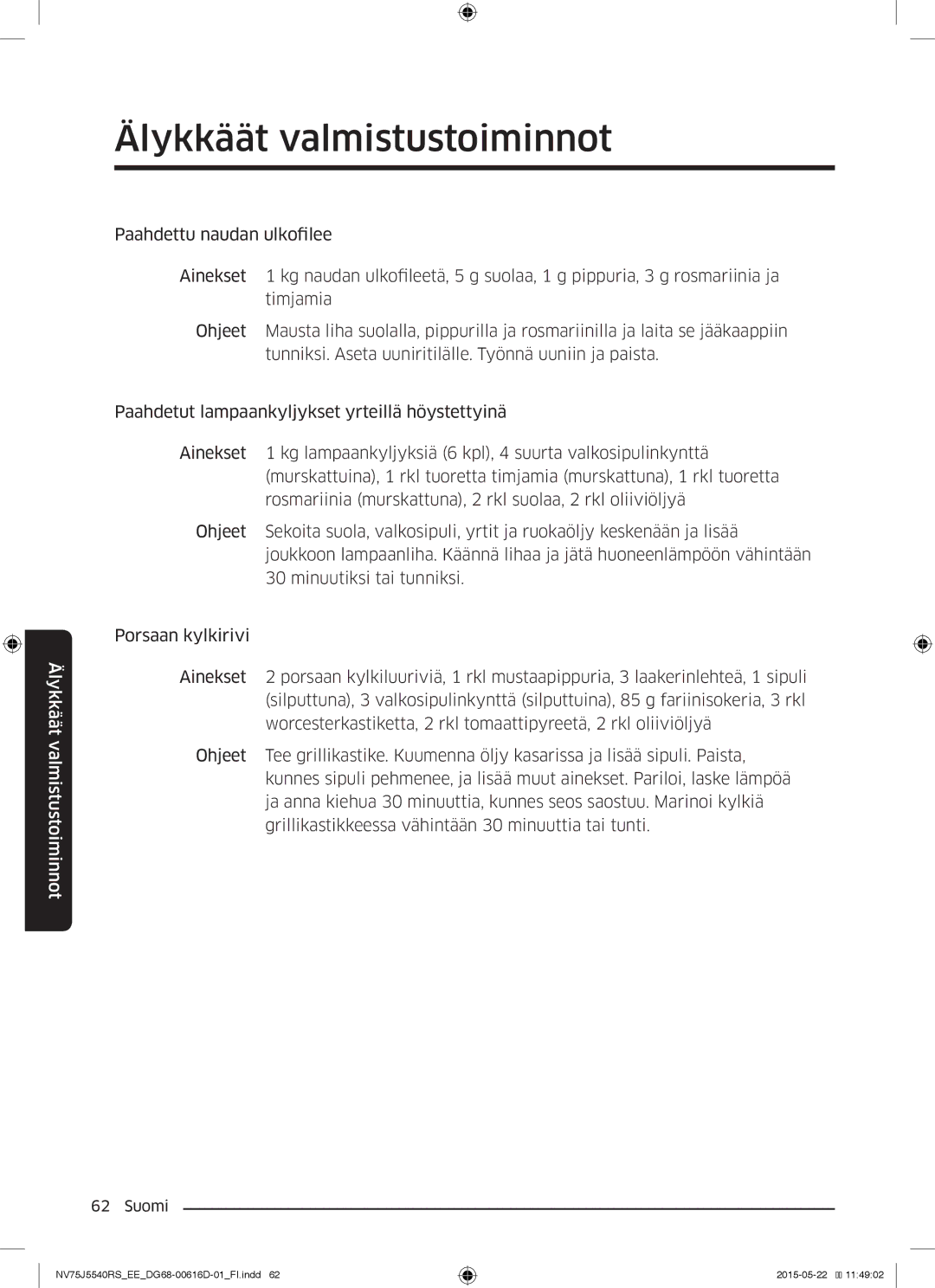 Samsung NV75J5540RS/EE manual Älykkäät valmistustoiminnot 