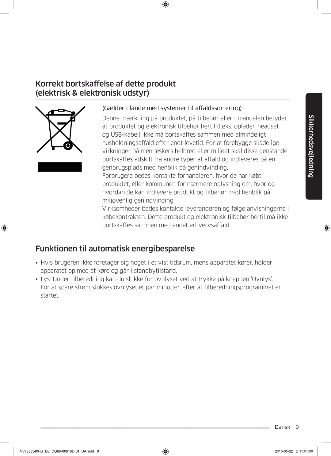 Samsung NV75J5540RS/EE manual Funktionen til automatisk energibesparelse 