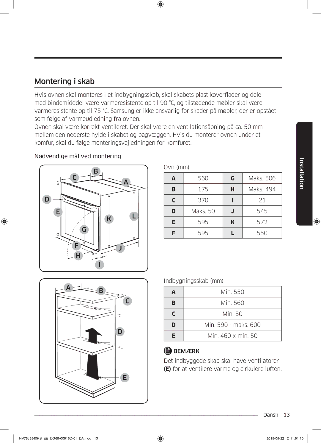 Samsung NV75J5540RS/EE manual Montering i skab 