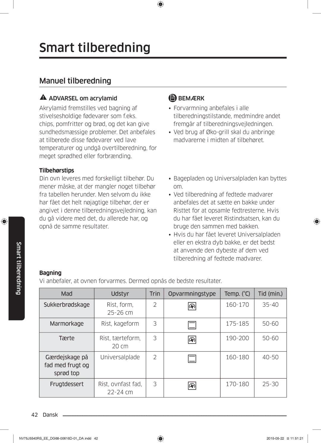 Samsung NV75J5540RS/EE manual Smart tilberedning, Manuel tilberedning, Tilbehørstips, Bagning 