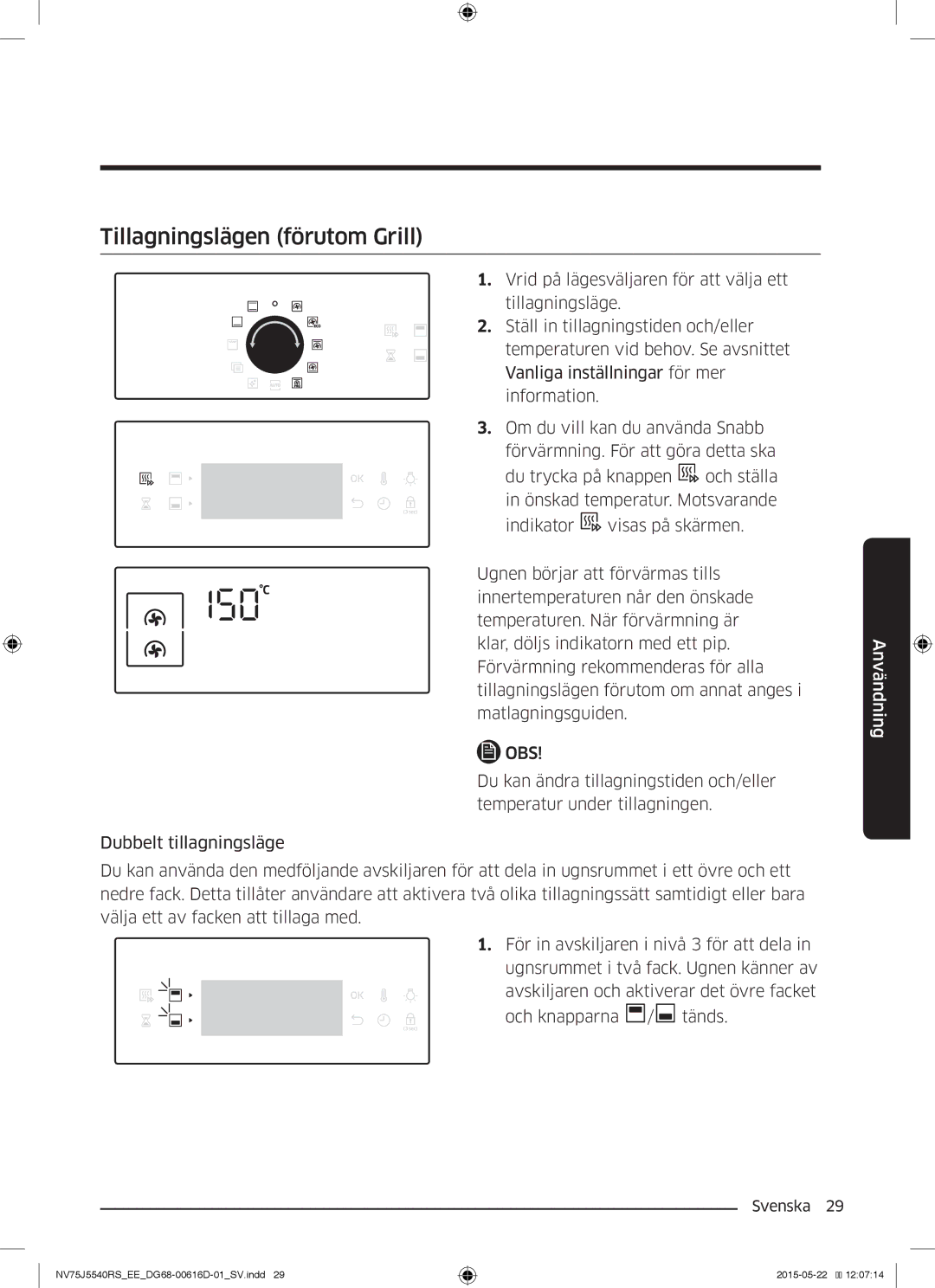 Samsung NV75J5540RS/EE manual Tillagningslägen förutom Grill 