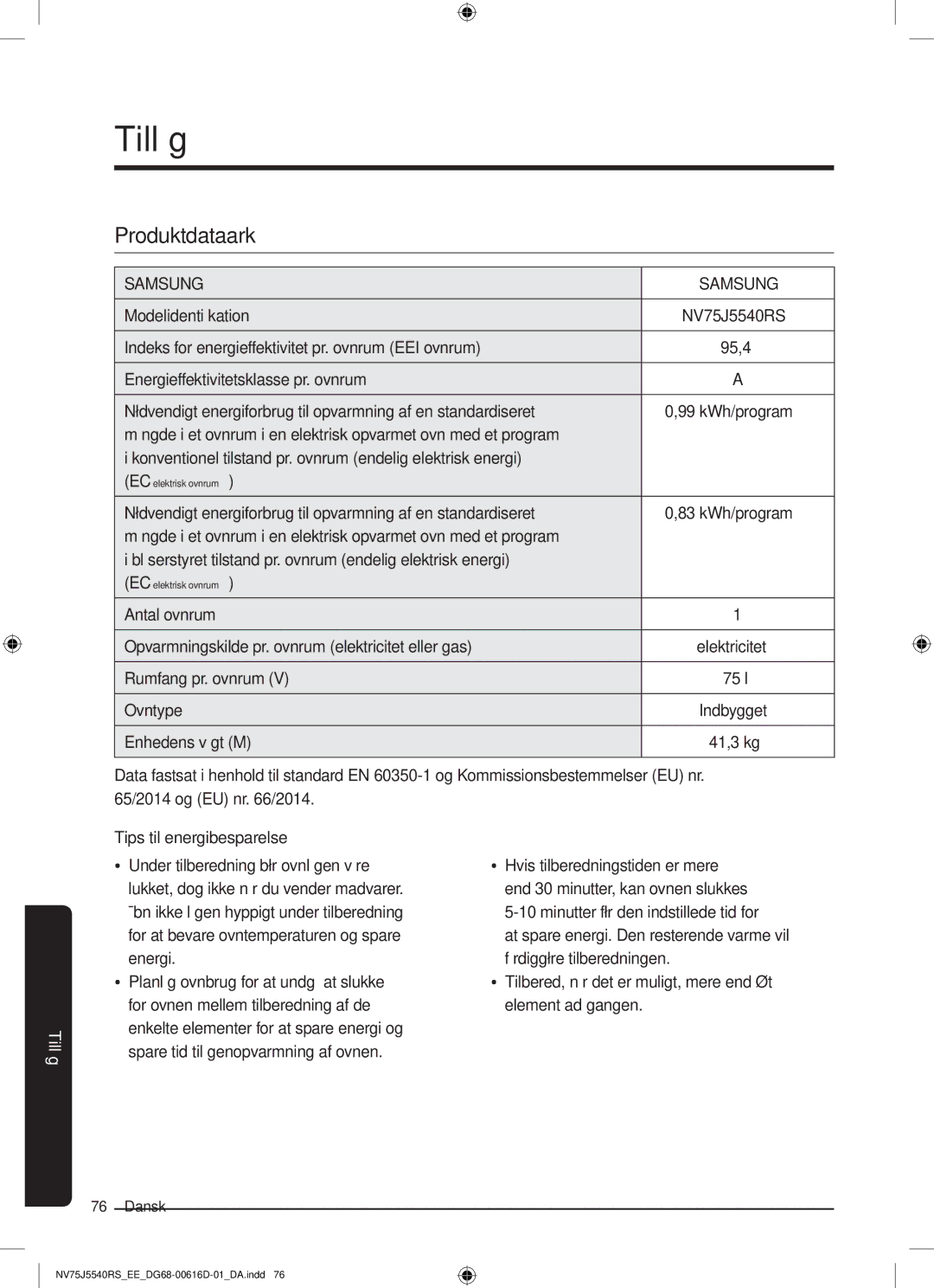 Samsung NV75J5540RS/EE manual Tillæg 