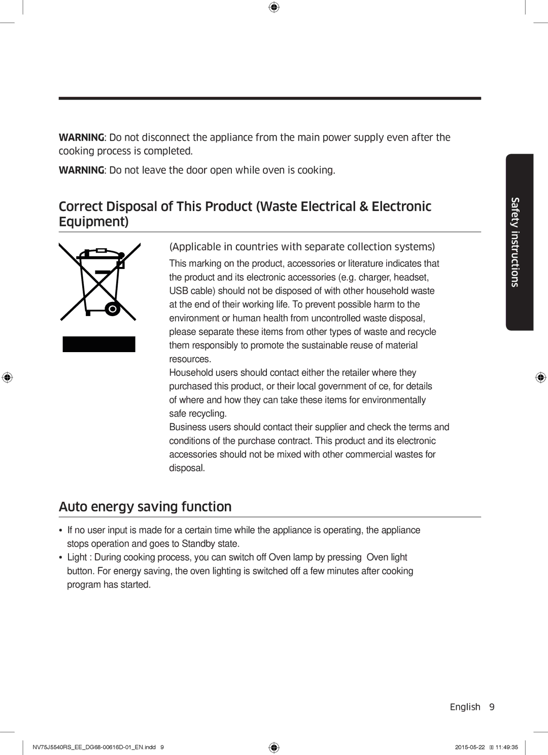 Samsung NV75J5540RS/EE manual Auto energy saving function 