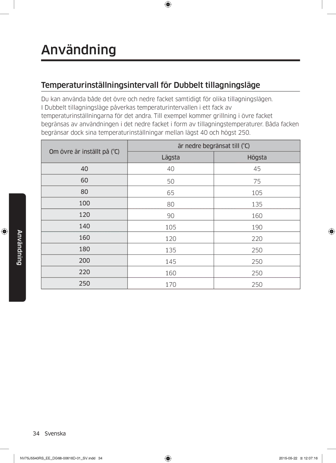 Samsung NV75J5540RS/EE manual Temperaturinställningsintervall för Dubbelt tillagningsläge 