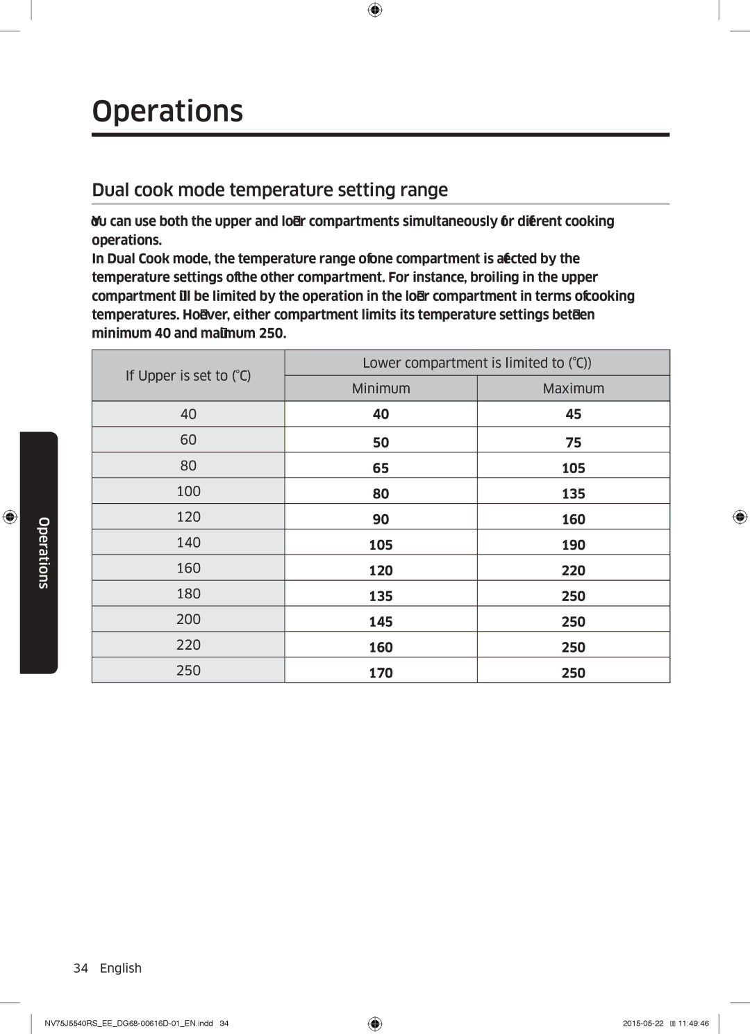 Samsung NV75J5540RS/EE manual Dual cook mode temperature setting range 