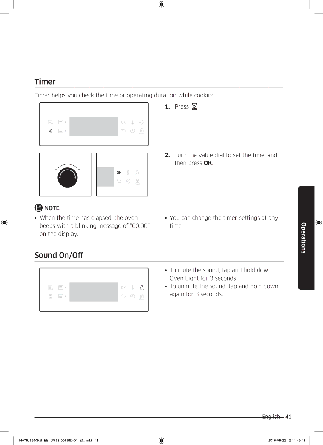 Samsung NV75J5540RS/EE manual Timer, Sound On/Off 