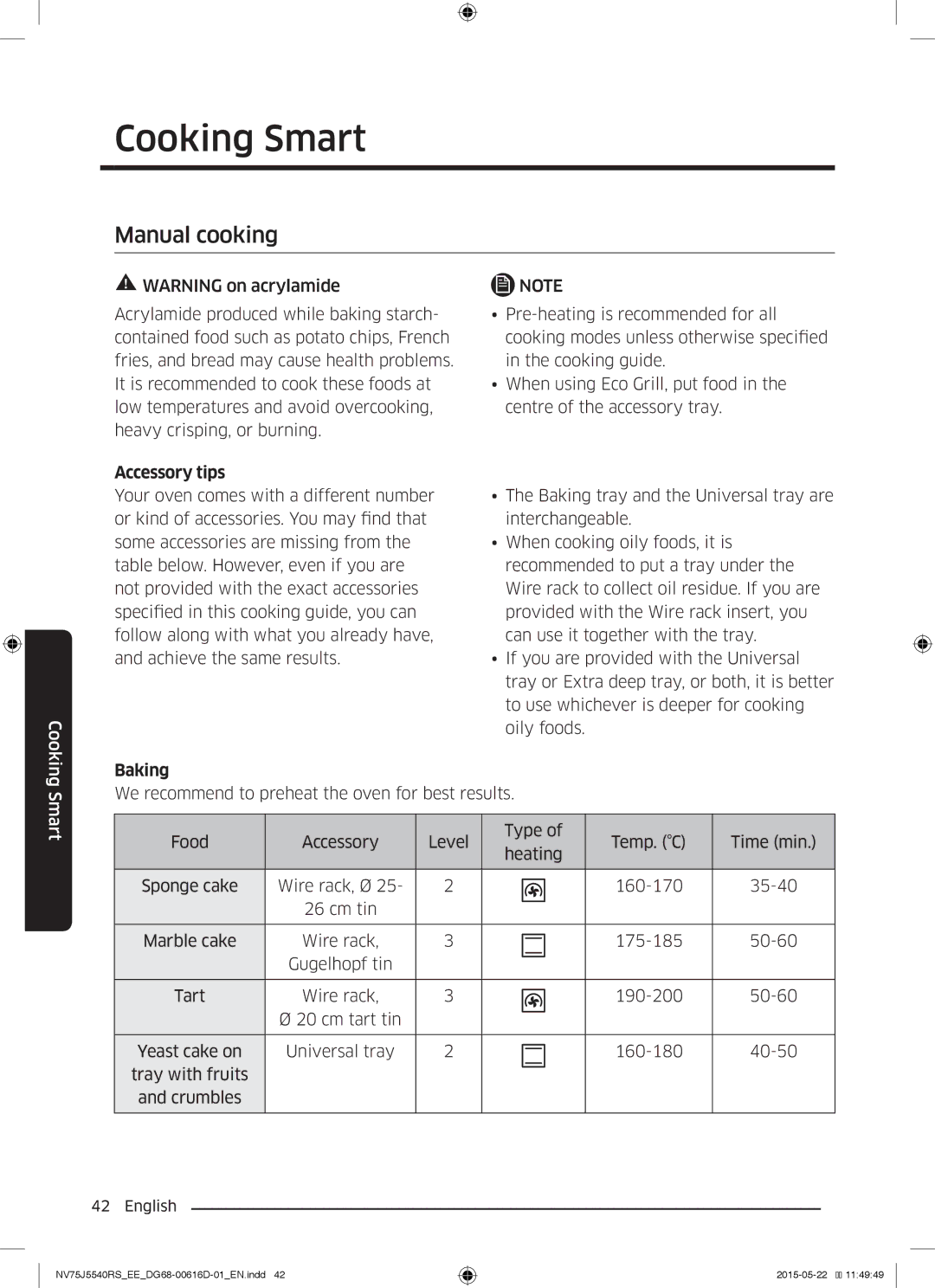 Samsung NV75J5540RS/EE manual Cooking Smart, Manual cooking, Accessory tips 