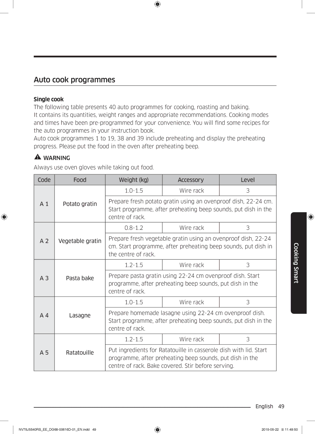 Samsung NV75J5540RS/EE manual Auto cook programmes, Single cook 