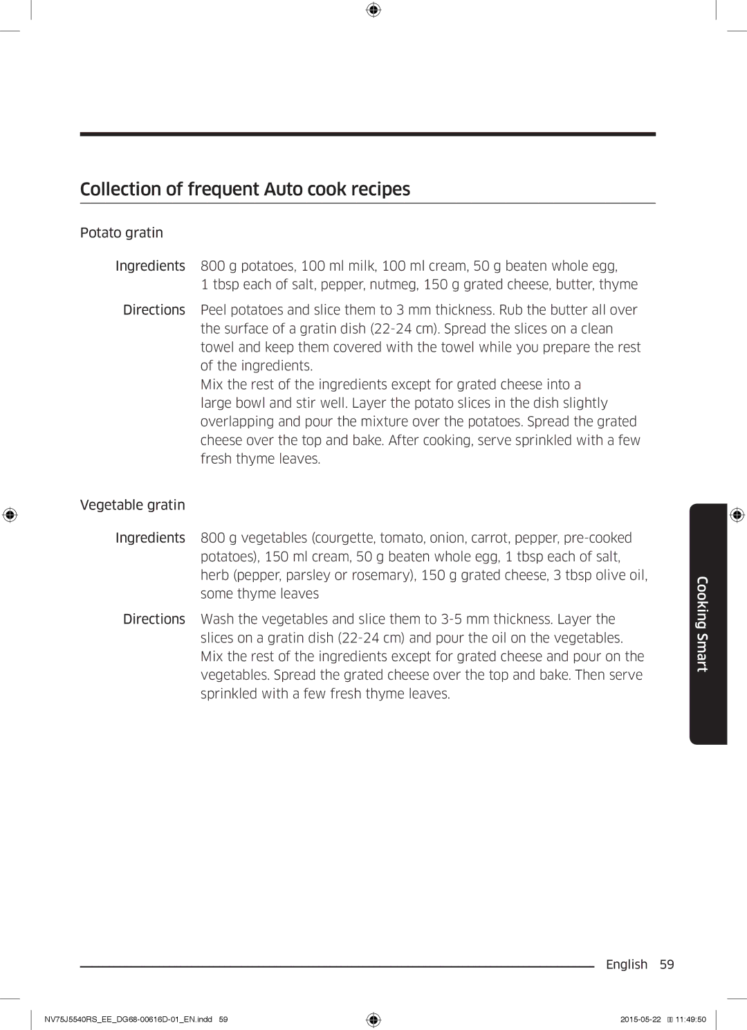 Samsung NV75J5540RS/EE manual Collection of frequent Auto cook recipes 