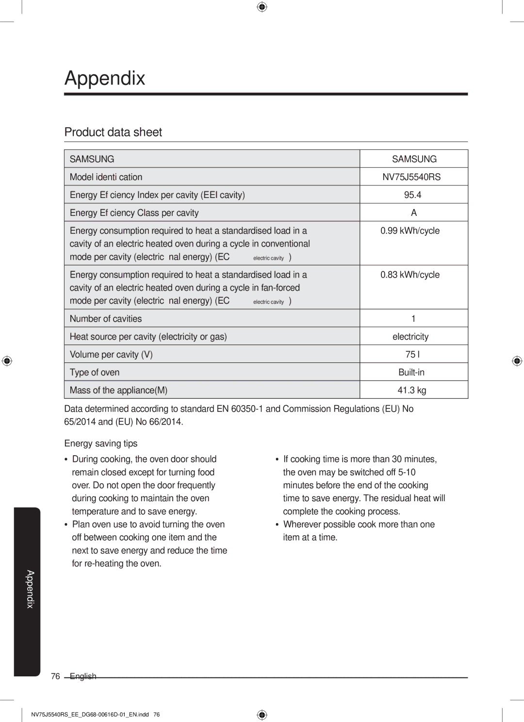 Samsung NV75J5540RS/EE manual Appendix, Product data sheet 