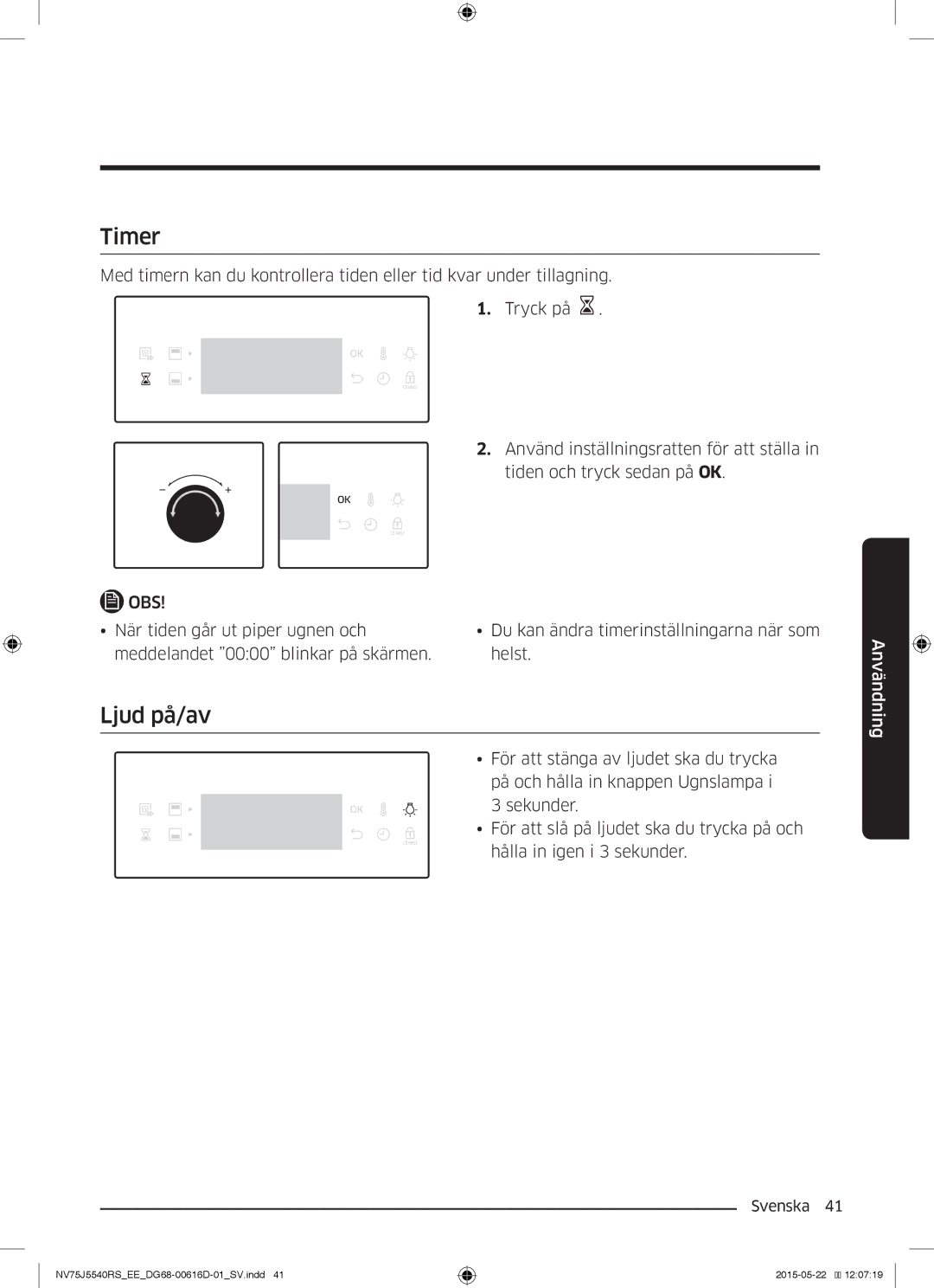 Samsung NV75J5540RS/EE manual Timer, Ljud på/av 