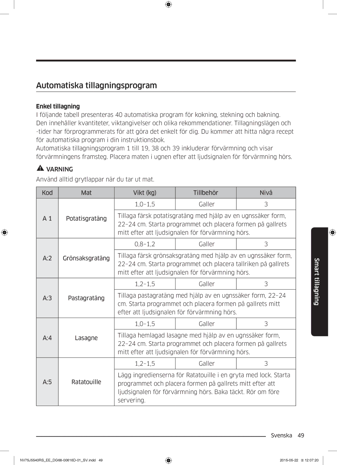 Samsung NV75J5540RS/EE manual Automatiska tillagningsprogram, Enkel tillagning 