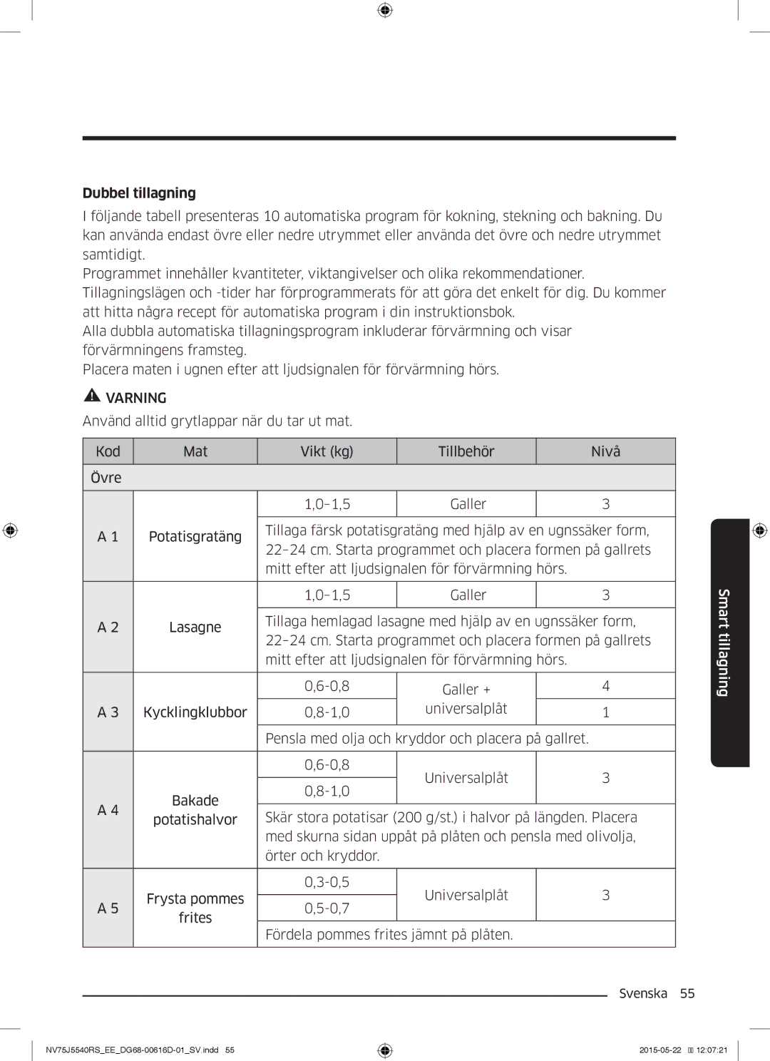 Samsung NV75J5540RS/EE manual Dubbel tillagning 