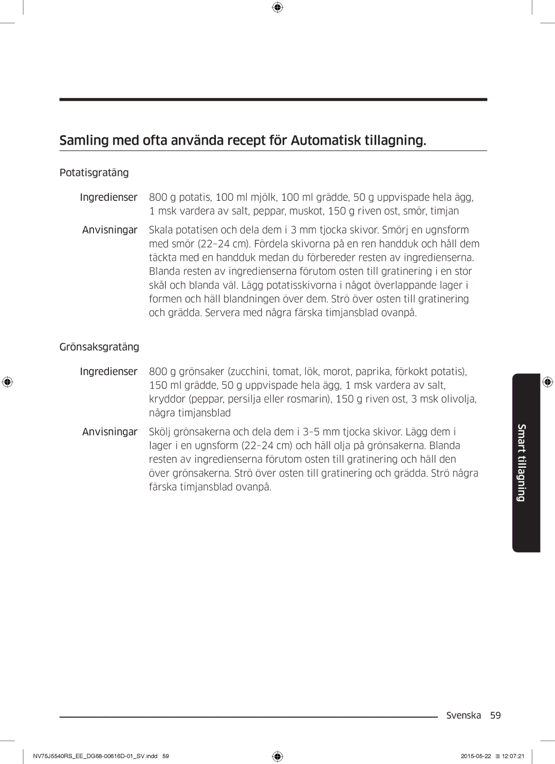 Samsung NV75J5540RS/EE manual Samling med ofta använda recept för Automatisk tillagning 