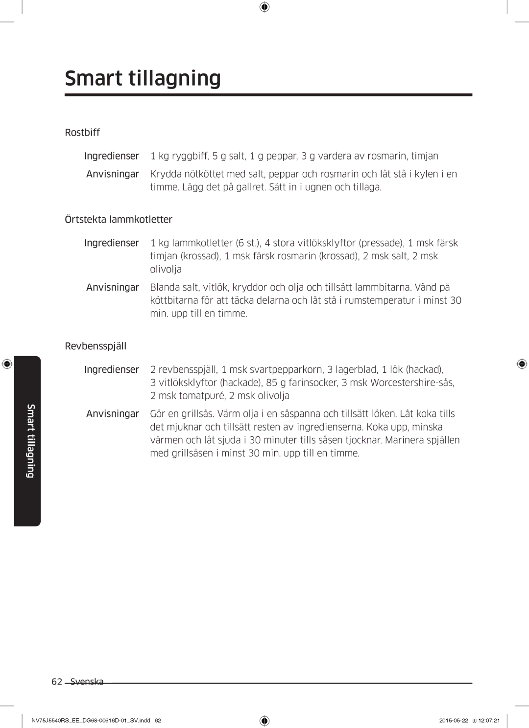 Samsung NV75J5540RS/EE manual Smart tillagning 