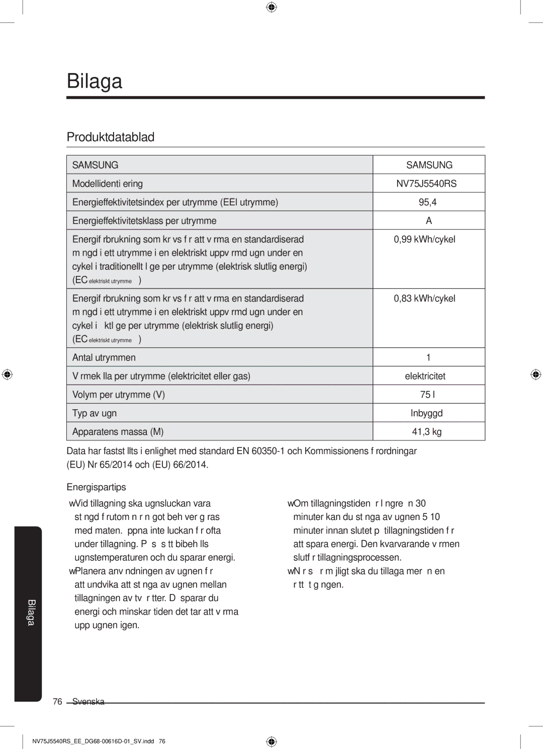 Samsung NV75J5540RS/EE manual Bilaga, Produktdatablad 