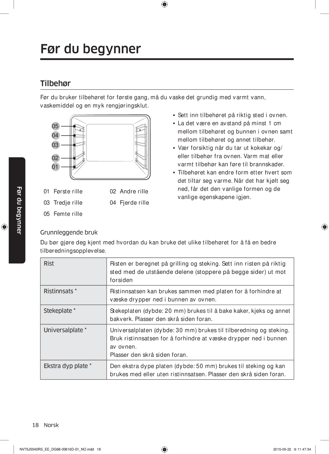 Samsung NV75J5540RS/EE manual Tilbehør, Første rille Andre rille Tredje rille Fjerde rille 