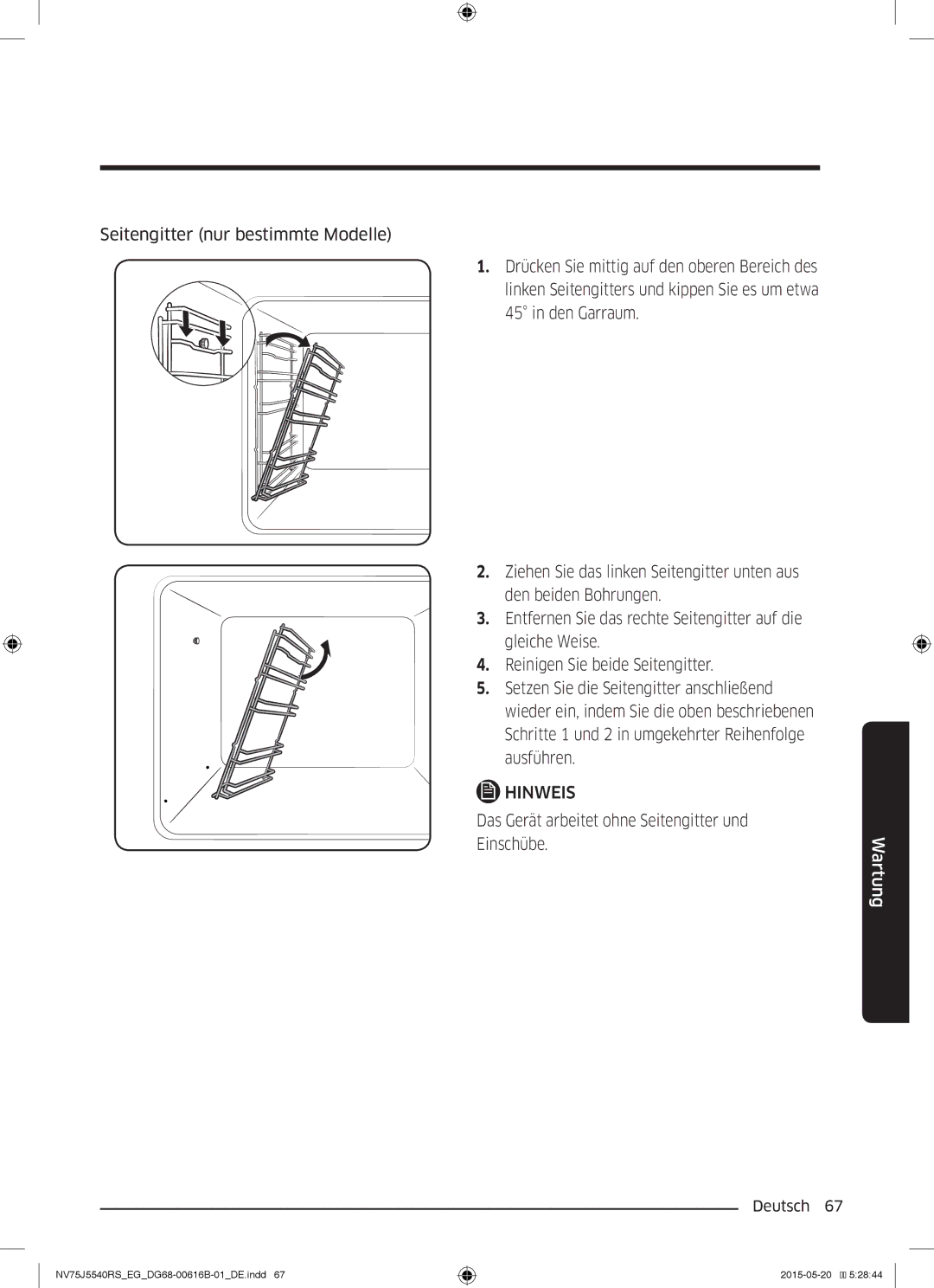 Samsung NV75J5540RS/EG manual Seitengitter nur bestimmte Modelle, Das Gerät arbeitet ohne Seitengitter und Einschübe 