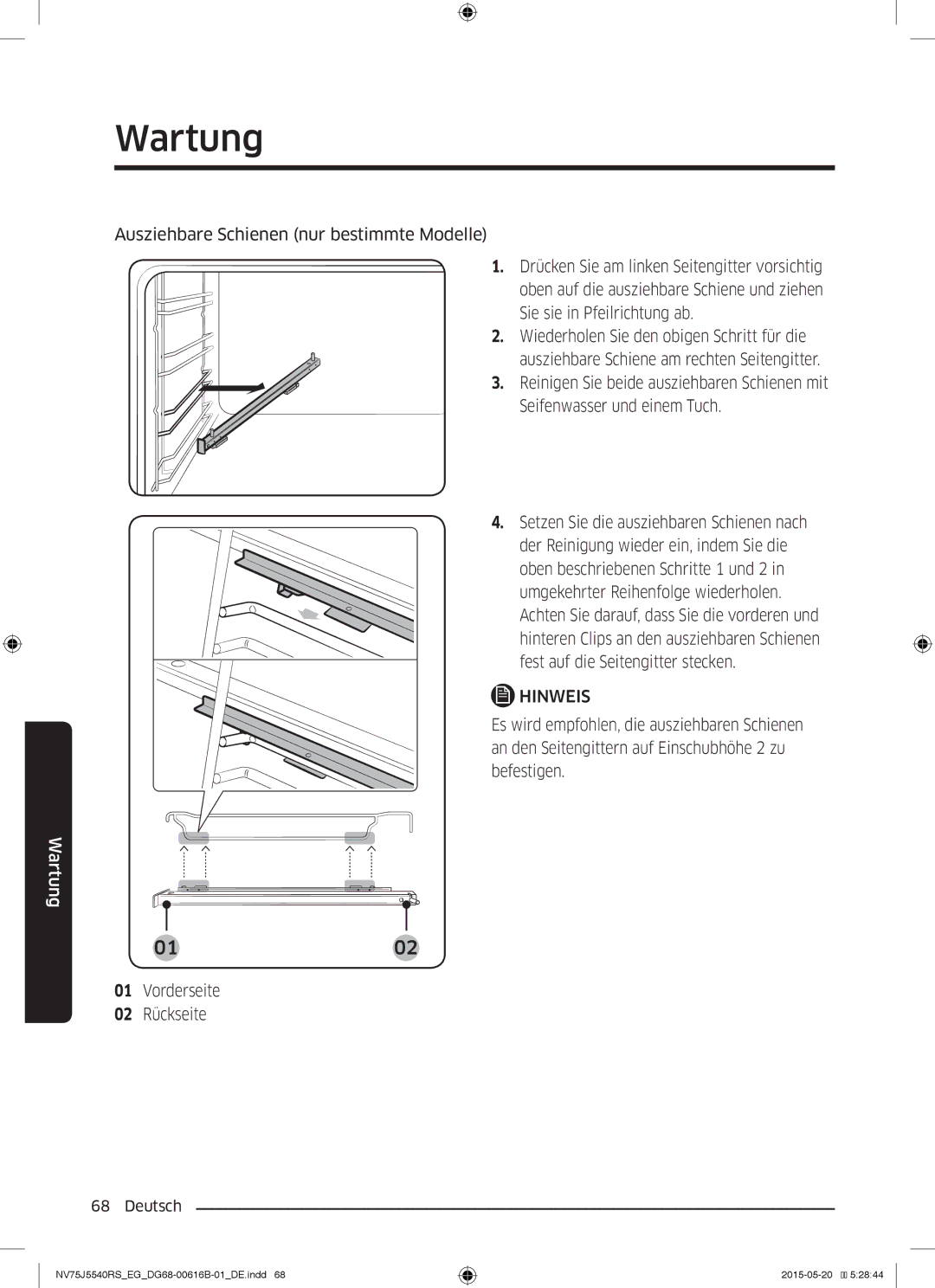 Samsung NV75J5540RS/EG manual Ausziehbare Schienen nur bestimmte Modelle, Vorderseite 02 Rückseite 