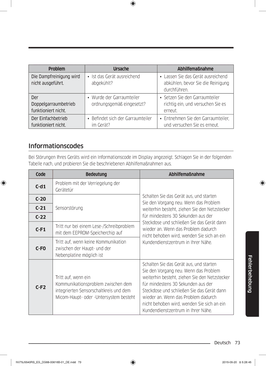 Samsung NV75J5540RS/EG manual Informationscodes, Code Bedeutung Abhilfemaßnahme 