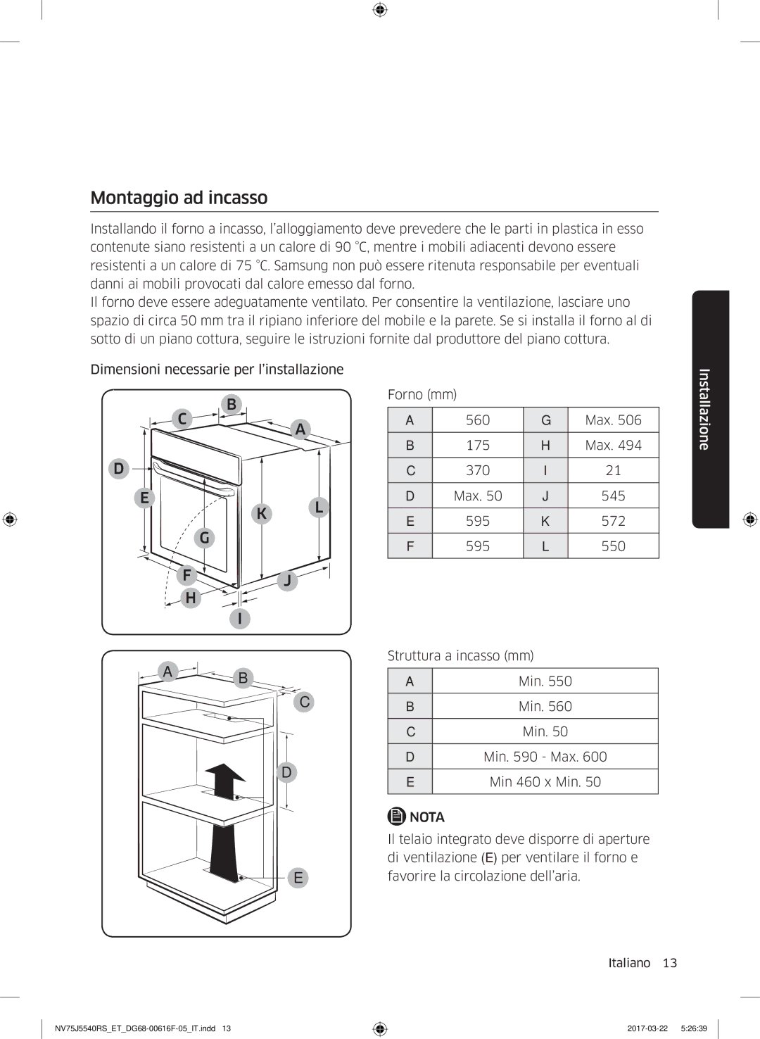 Samsung NV75J5540RS/ET manual Montaggio ad incasso, Max 175 370 545 595 572 550, Min 