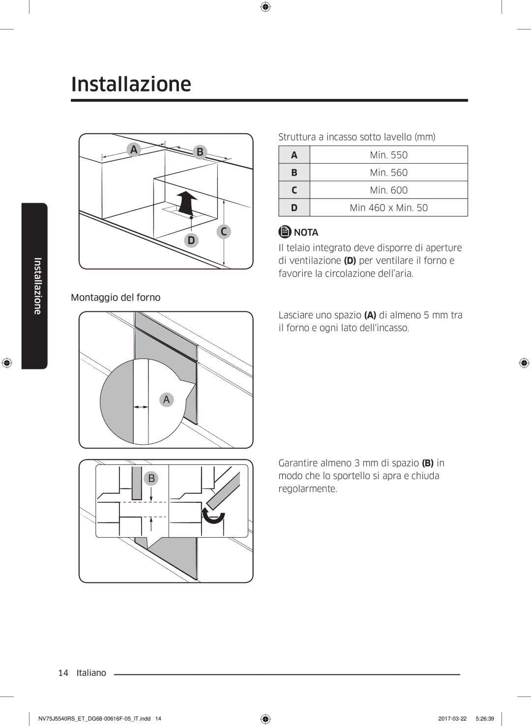 Samsung NV75J5540RS/ET manual Struttura a incasso sotto lavello mm 