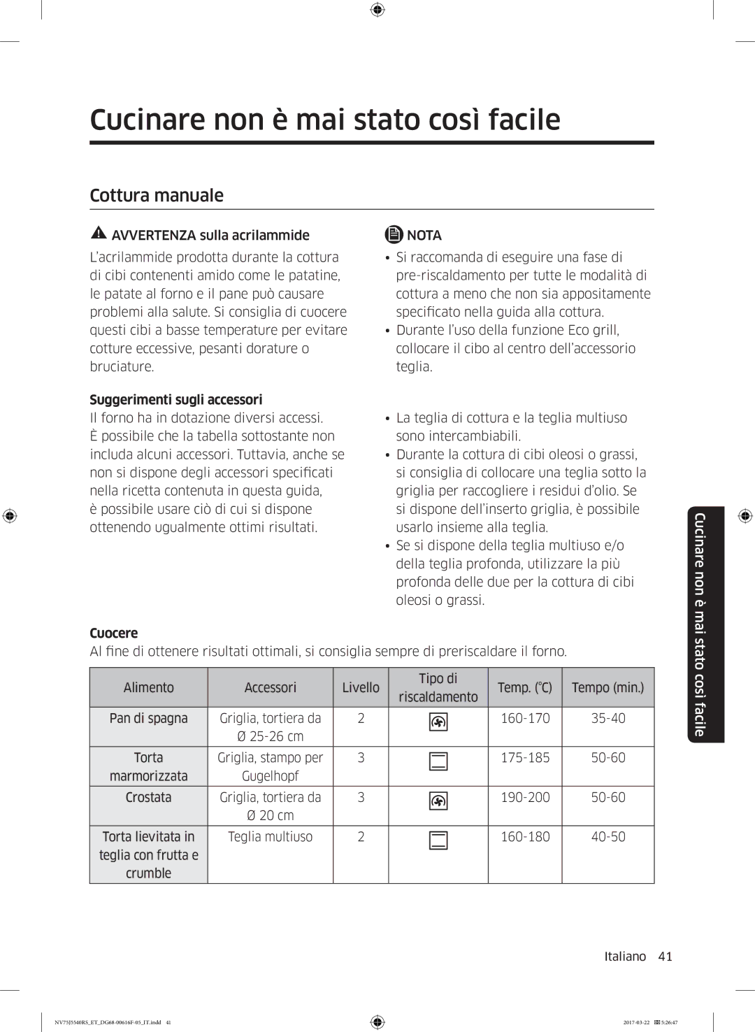 Samsung NV75J5540RS/ET Cucinare non è mai stato così facile, Cottura manuale, Suggerimenti sugli accessori, Cuocere 