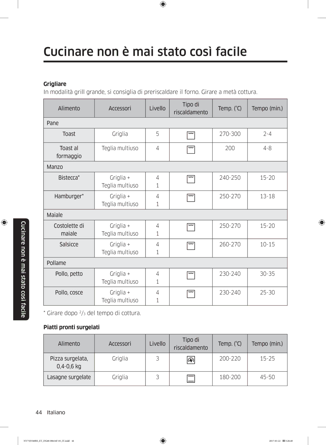 Samsung NV75J5540RS/ET manual Grigliare, Piatti pronti surgelati 