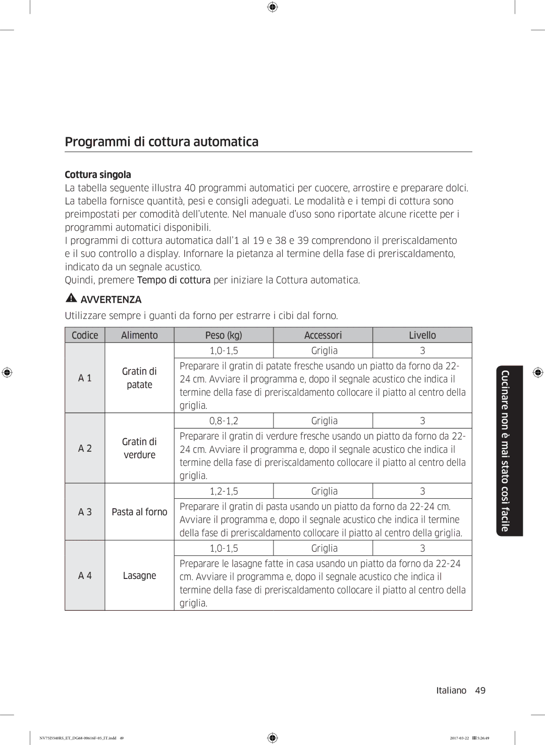 Samsung NV75J5540RS/ET manual Programmi di cottura automatica, Cottura singola 