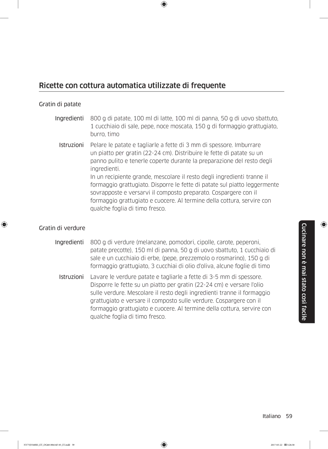 Samsung NV75J5540RS/ET manual Ricette con cottura automatica utilizzate di frequente 