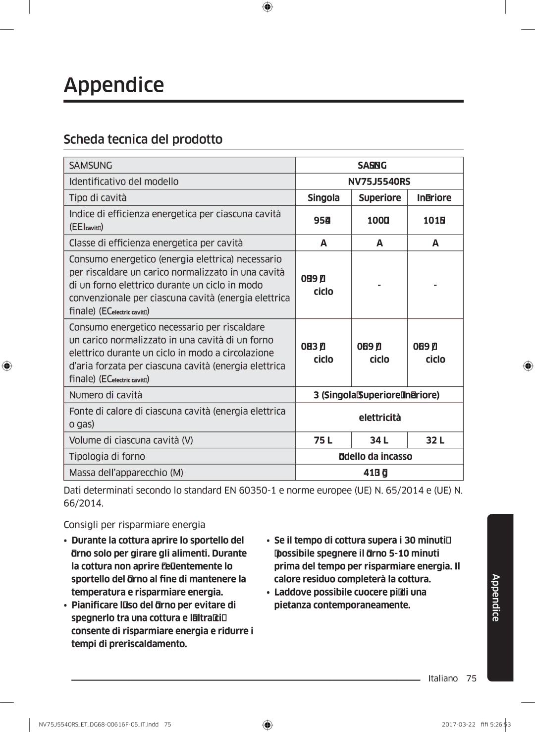 Samsung NV75J5540RS/ET manual Appendice, Scheda tecnica del prodotto 