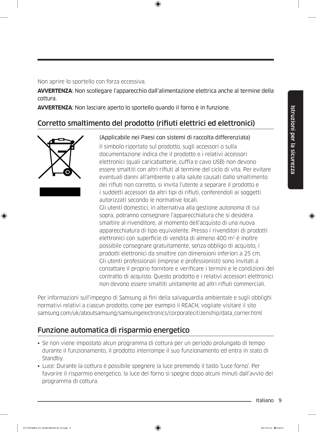 Samsung NV75J5540RS/ET manual Funzione automatica di risparmio energetico 