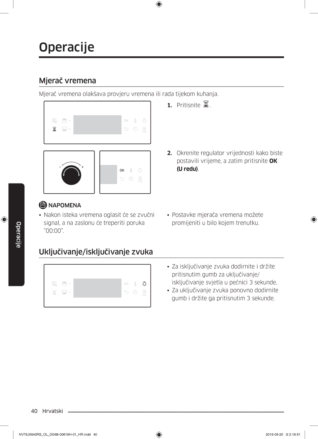 Samsung NV75J5540RS/OL manual Mjerač vremena, Uključivanje/isključivanje zvuka 