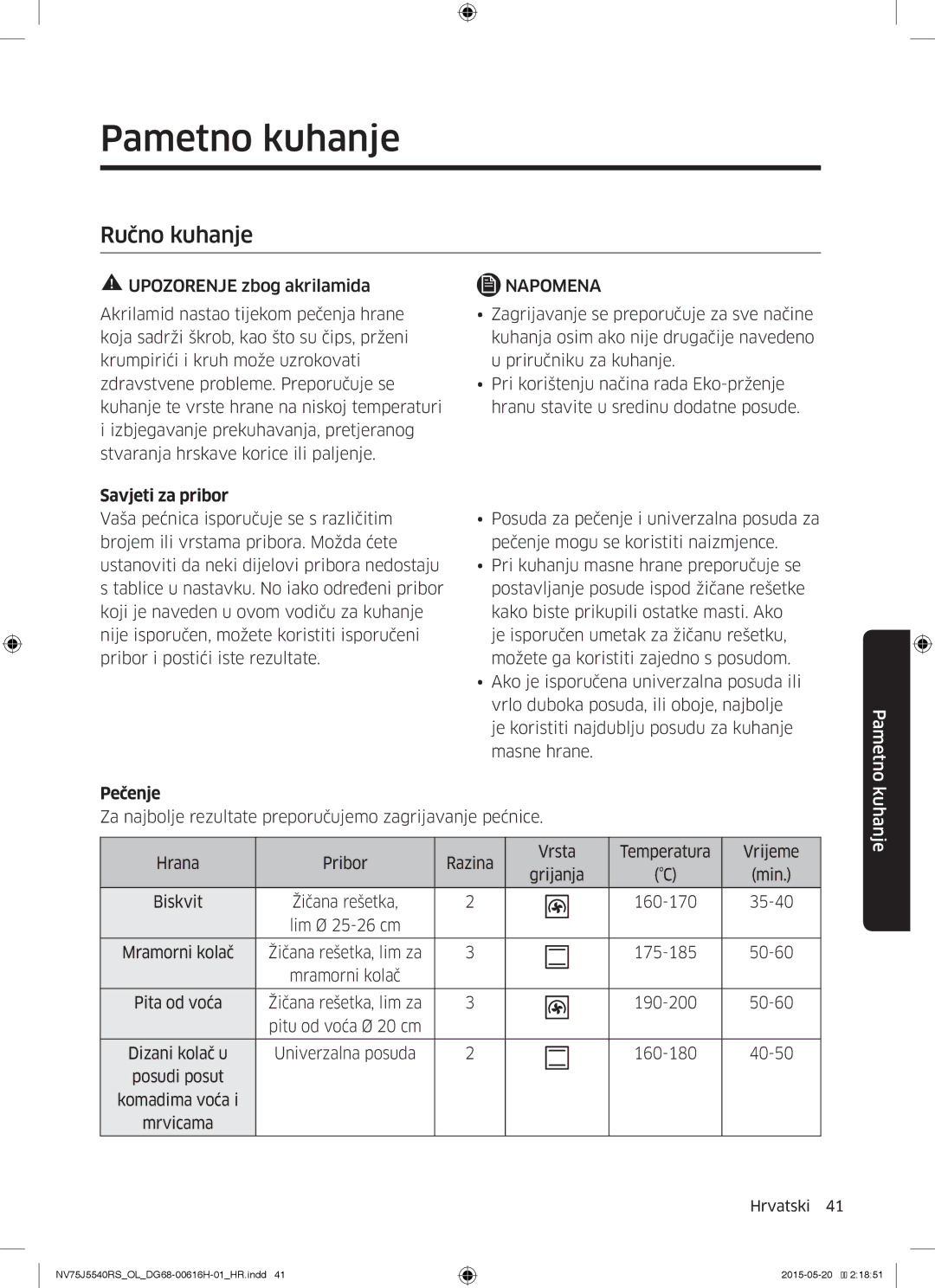 Samsung NV75J5540RS/OL manual Pametno kuhanje, Ručno kuhanje, Savjeti za pribor, Pečenje 