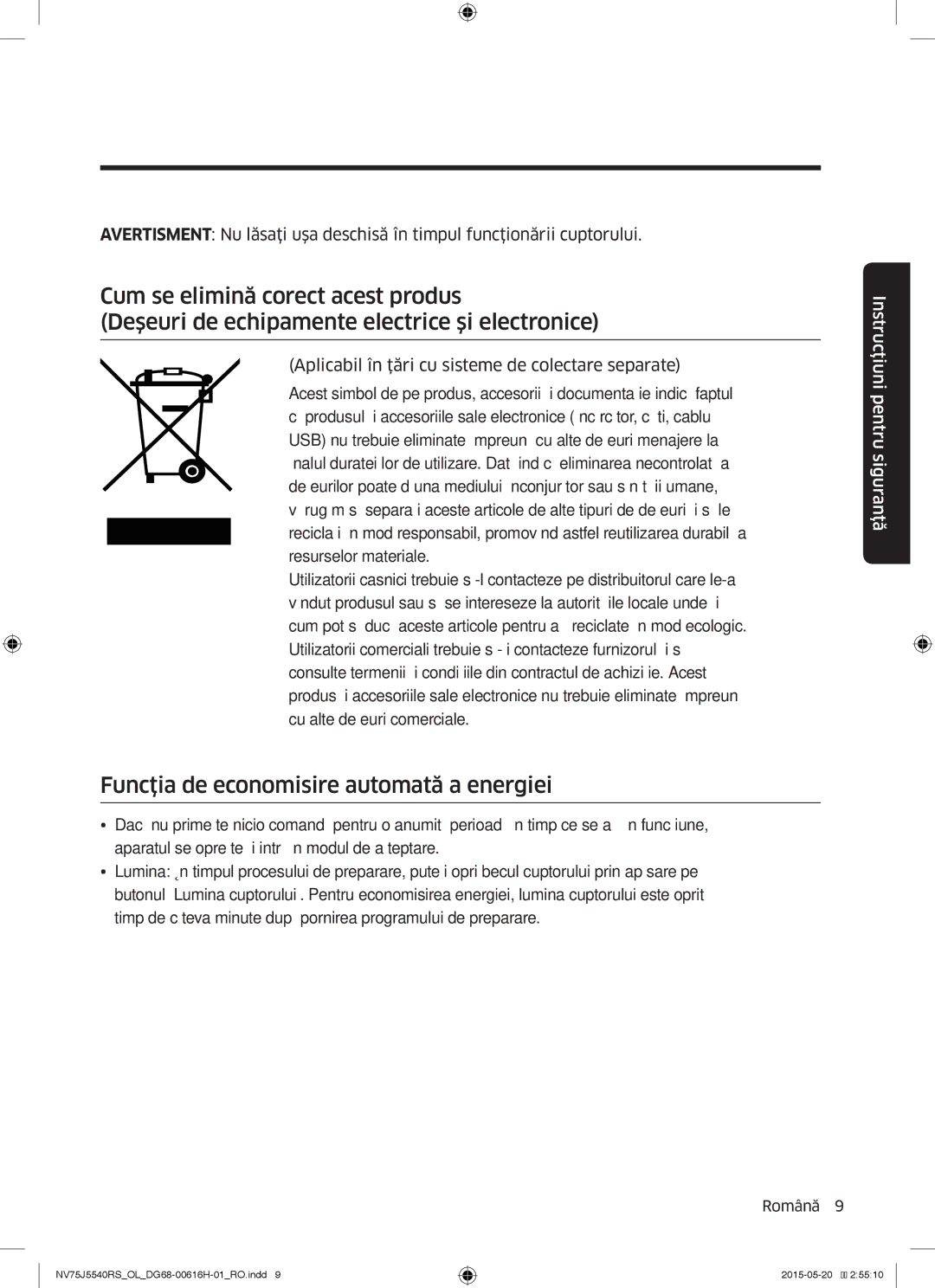 Samsung NV75J5540RS/OL manual Funcţia de economisire automată a energiei 